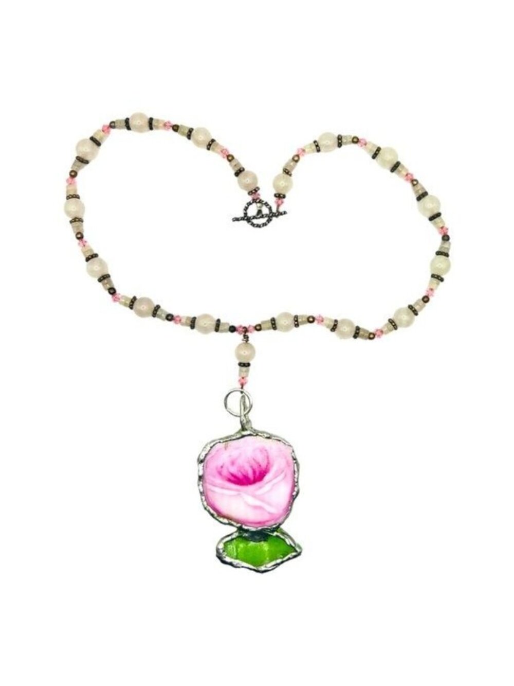 Pink Rose Broken China & Sea Glass Pendant | Pink Quartz Necklace | Alma Antigua - Picture 4 of 11